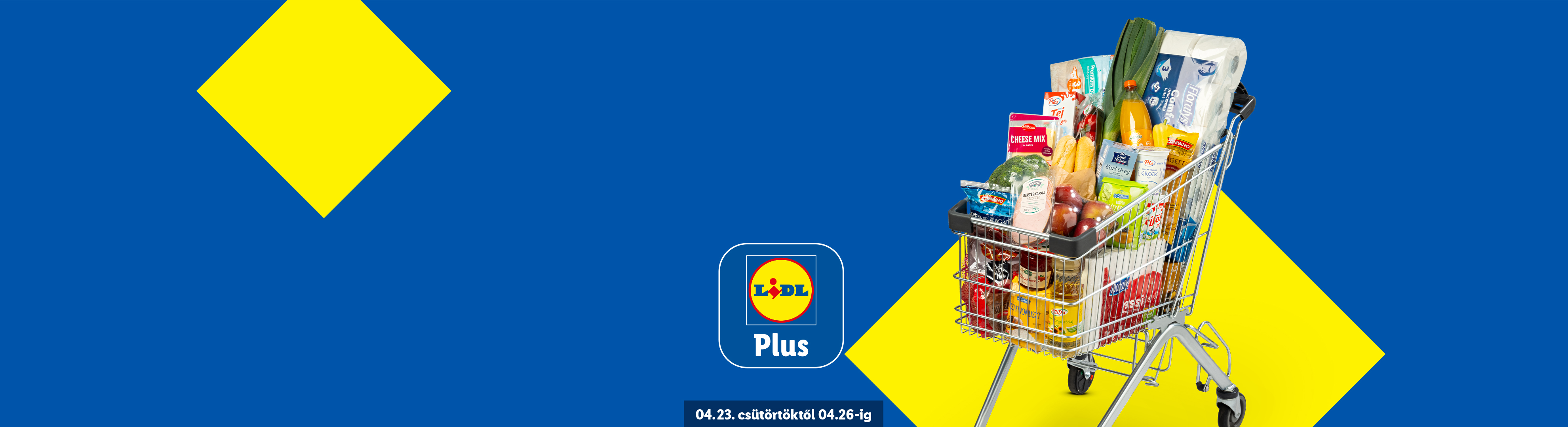 Bevásárlókocsi tele élelmiszerekkel és háztartási cikkekkel, Lidl Plus logóval és dátummal.