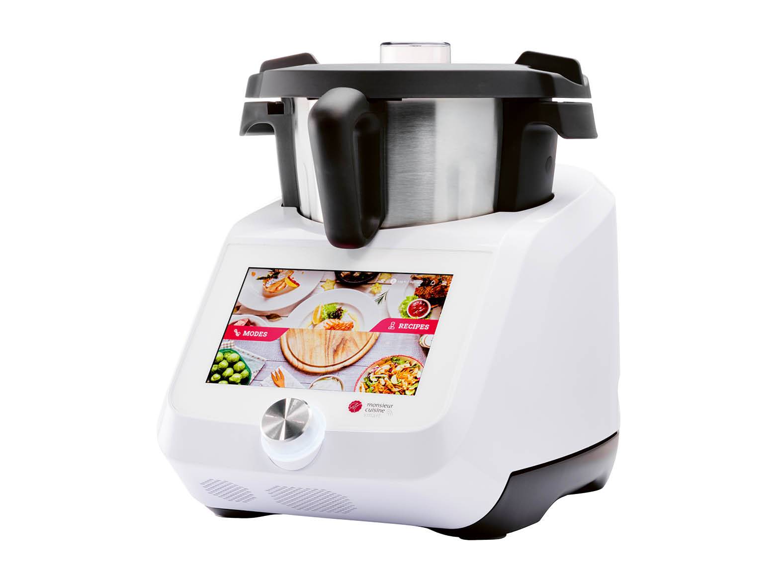 Fehér Monsieur Cuisine Smart konyhai robotgép érintőképernyővel és rozsdamentes acél keverőtállal.