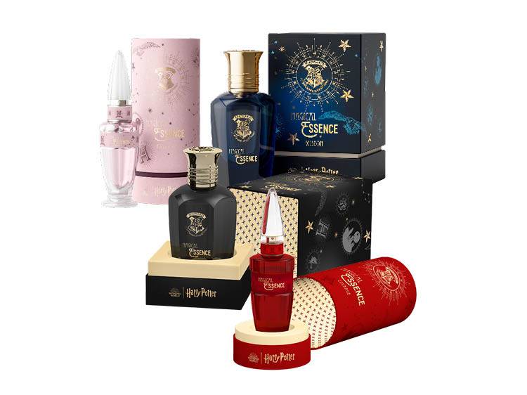 Harry Potter Magical Essence parfümök és ajándékszettjeik, különböző színekben és formákban.