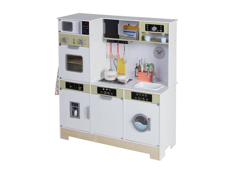 Fehér játékkonyha mikrohullámú sütővel, sütővel, hűtőszekrénnyel, mosogatóval és mosógéppel.
