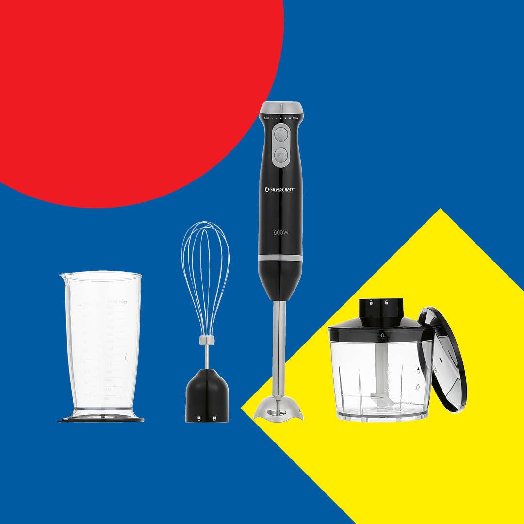 SilverCrest botmixer szett habverővel, mérőpohárral és aprítóval.