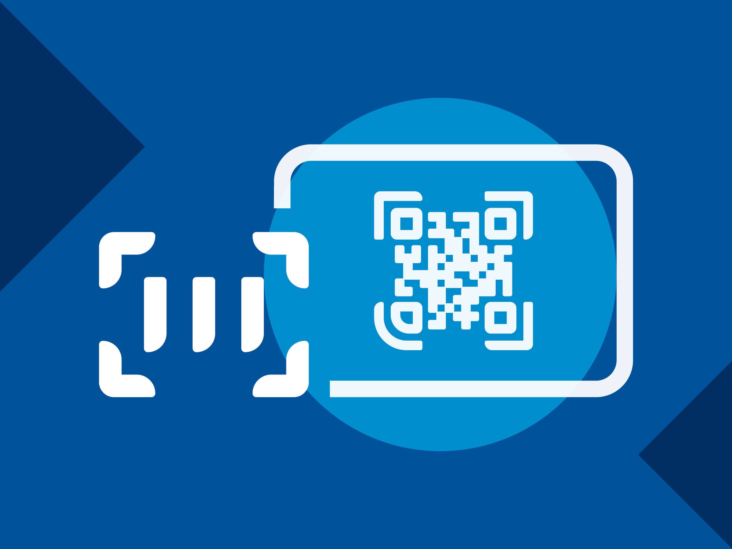 Kék háttér QR-kóddal és szkennelési ikonnal.