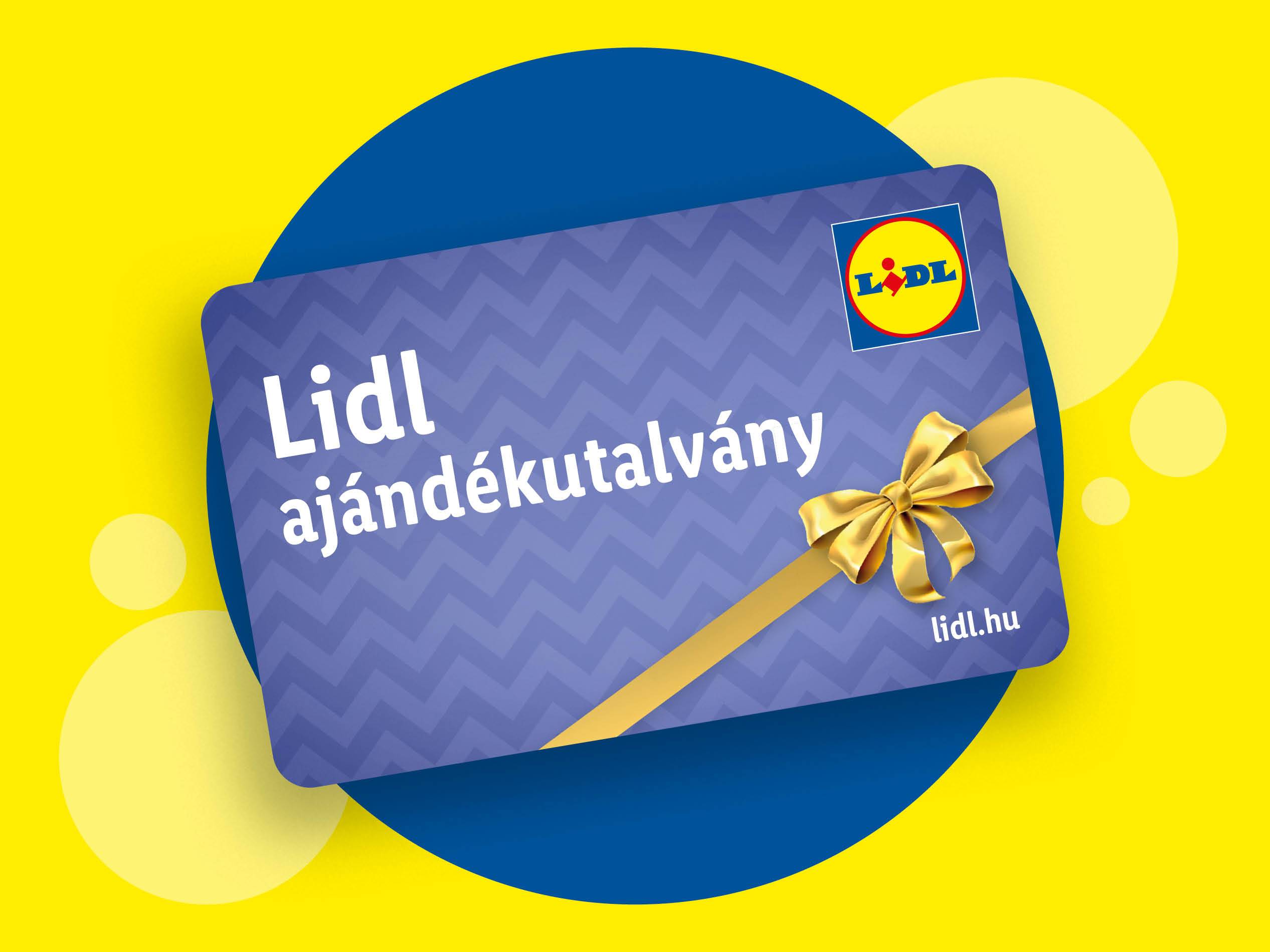 Lidl ajándékkártya arany szalaggal és masnival, sárga és kék háttérrel.