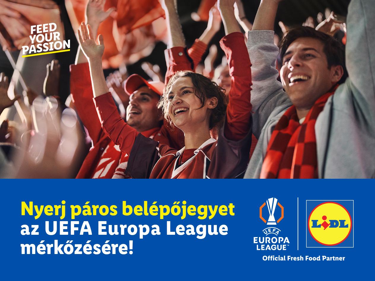 Szurkolók a lelátón és felhívás páros UEFA Europa League belépőjegyek megnyerésére.