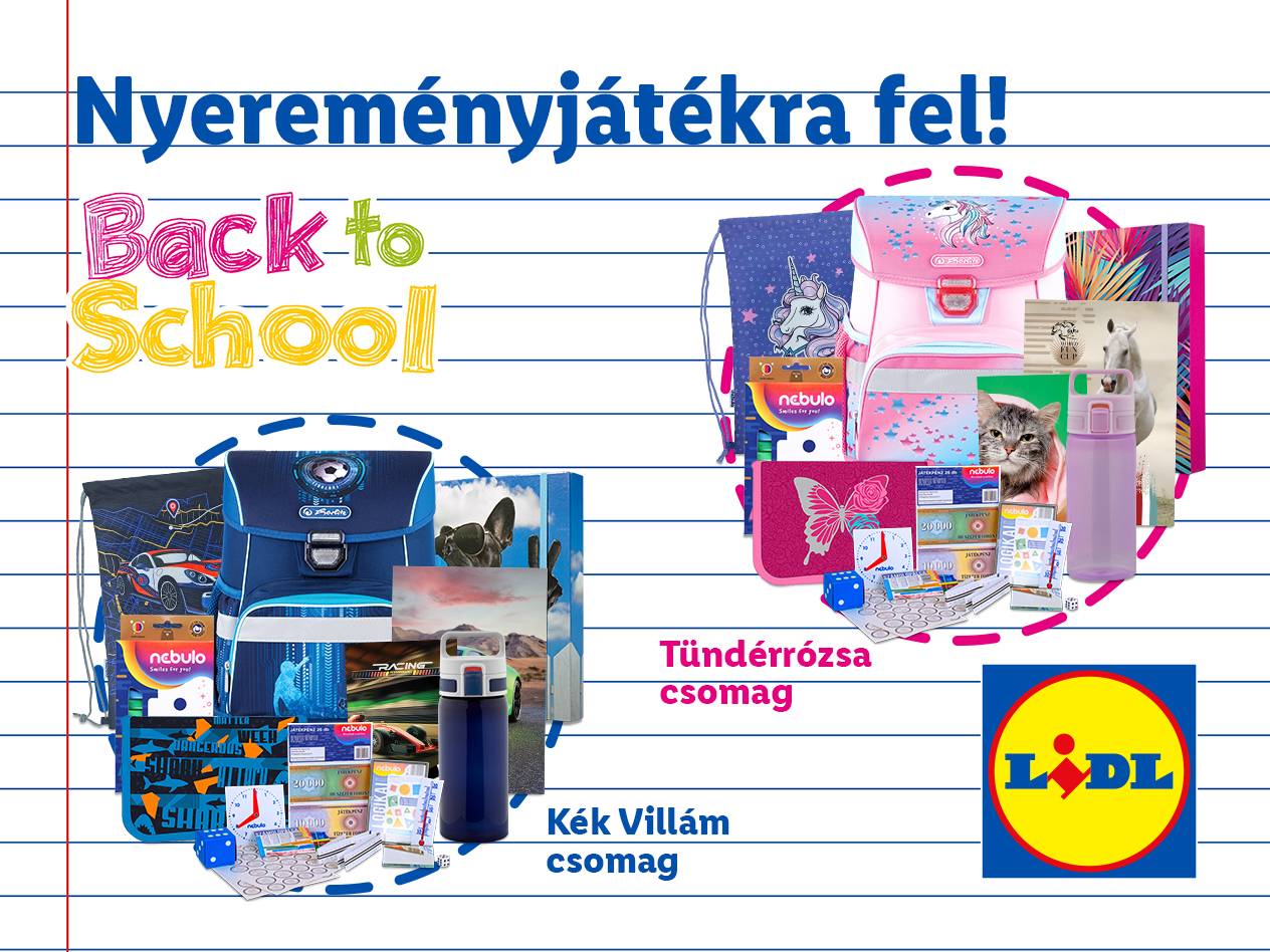Iskolai kellékek nyereményjátéka, két csomagban: egy rózsaszín unikornisos és egy kék autós témájú.