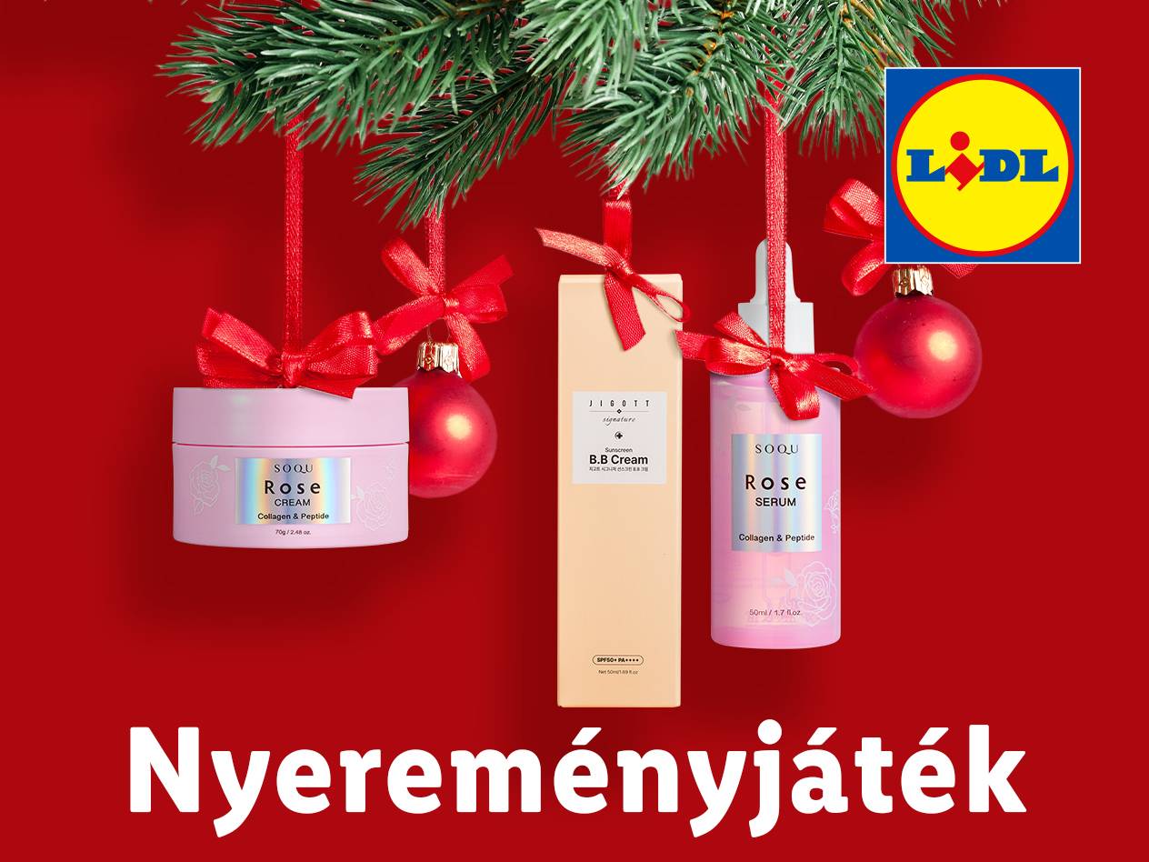 Lidl nyereményjáték karácsonyi témában, SOQU Rose krém és szérum, valamint JIGOTT BB krém termékekkel.