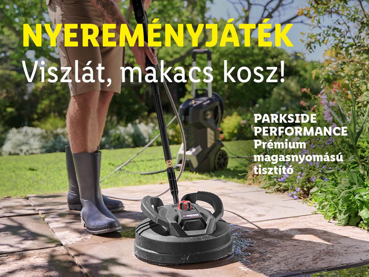 Férfi tisztít egy teraszt magasnyomású mosóval. Szöveg: Nyereményjáték, Viszlát, makacs kosz!
