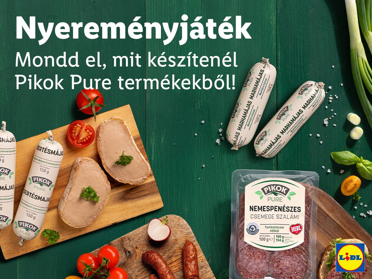 Pikok Pure termékekből készült májasok és szalámi egy nyereményjáték hirdetésében.