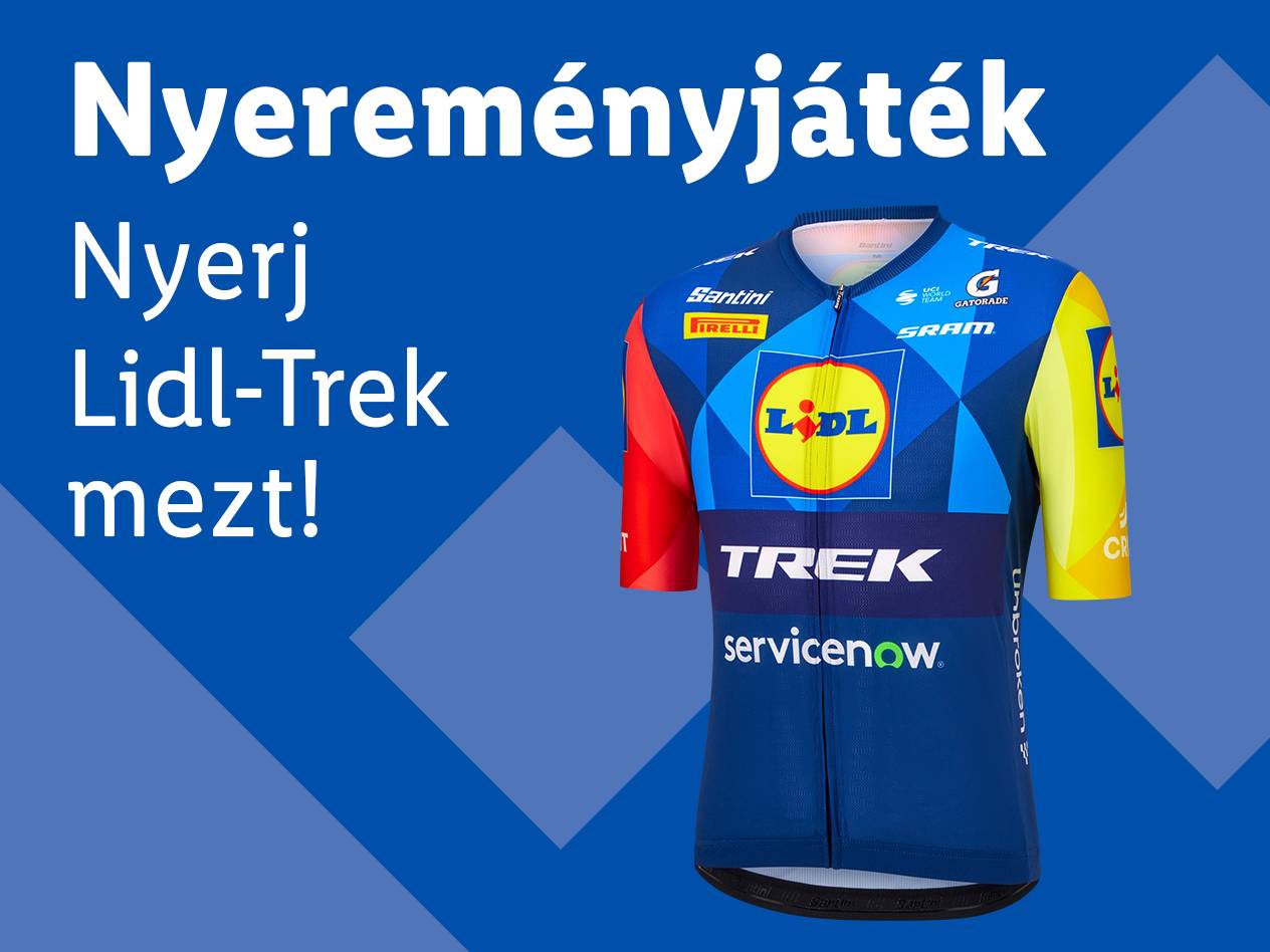 Nyereményjáték egy kék-sárga kerékpáros mezért, rajta szponzorlogókkal.