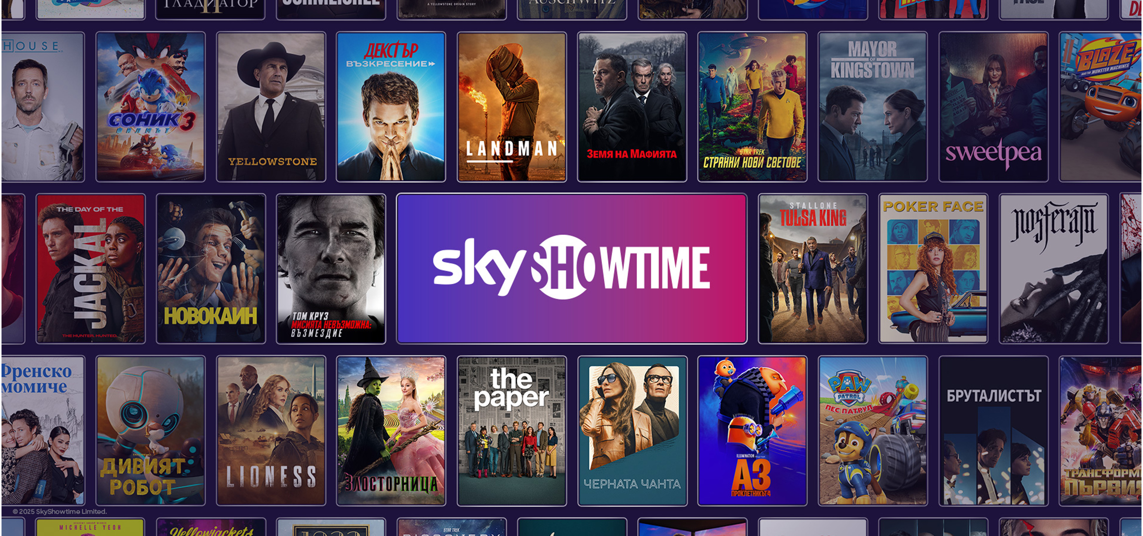 Filmek és sorozatok borítói, köztük a SkyShowtime logóval, Sonic 3, Yellowstone és Tulsa King.