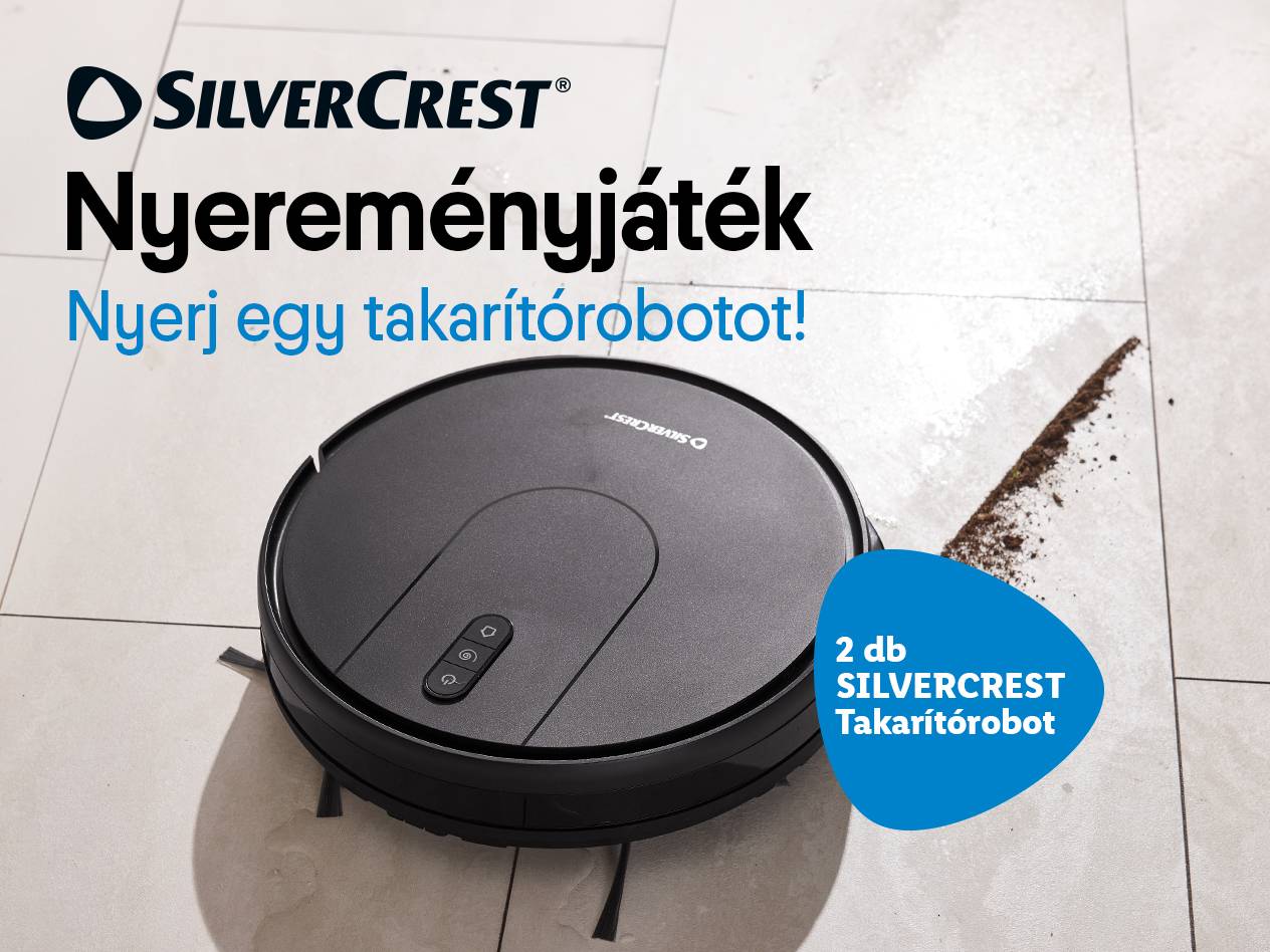 Robotporszívó nyereményjáték hirdetés, két takarítórobot nyerhető.