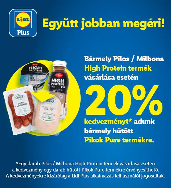 Lidl Plus promóció: 20% kedvezmény Pikok Pure termékekre Pilos/Milbona High Protein termék vásárlása esetén.