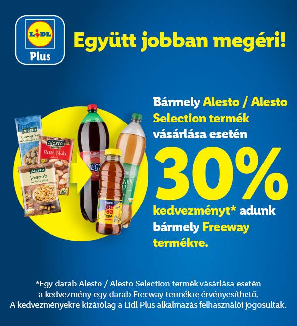 Lidl Plus promóció Alesto és Freeway termékekre, 30% kedvezménnyel.