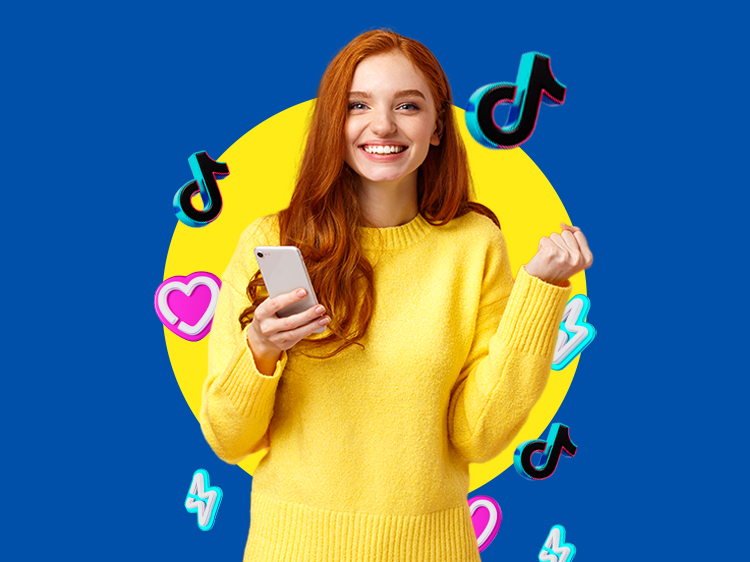 Fiatal nő telefonnal, TikTok és egyéb közösségi média ikonokkal.