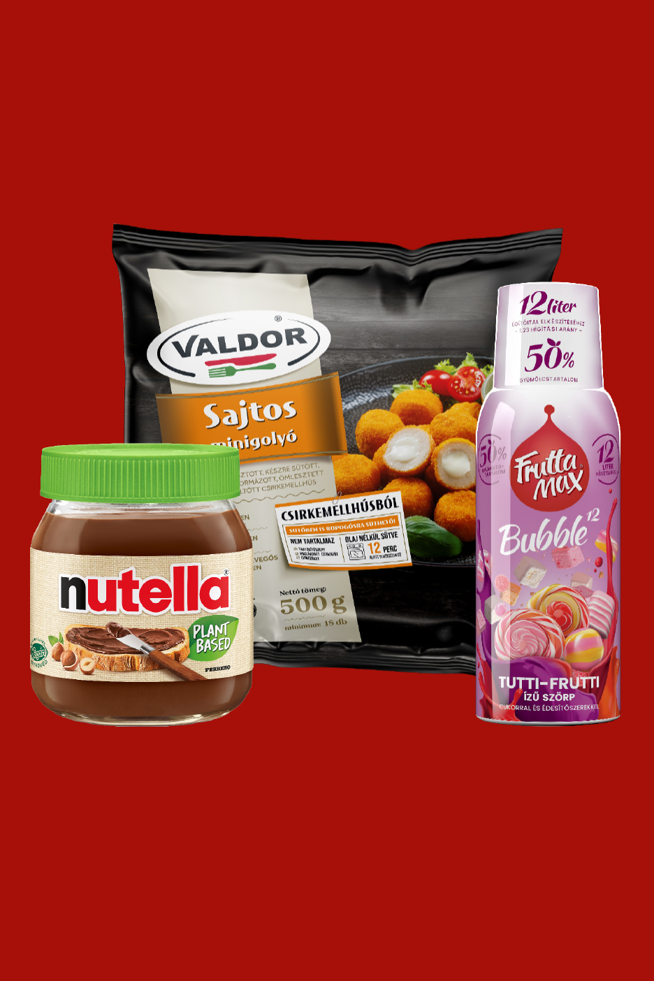 Növényi alapú mogyorókrém, csirkemellből készült sajtos minigolyók és tutti-frutti ízű szörp.