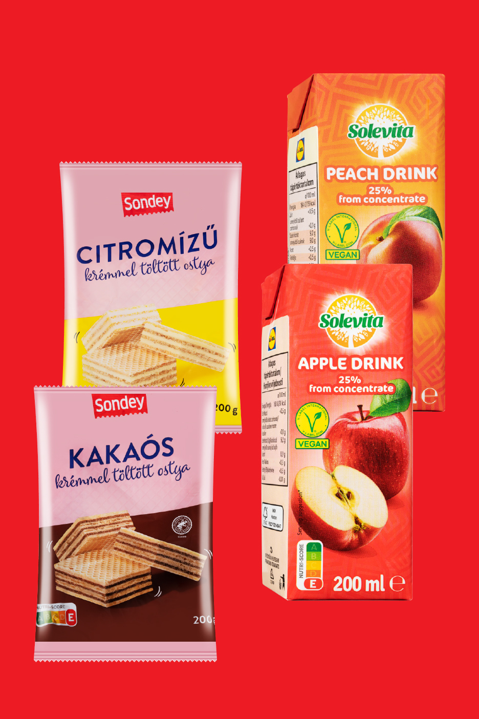 Sondey citromos és kakaós ostyák, valamint Solevita őszibarack és alma italok.