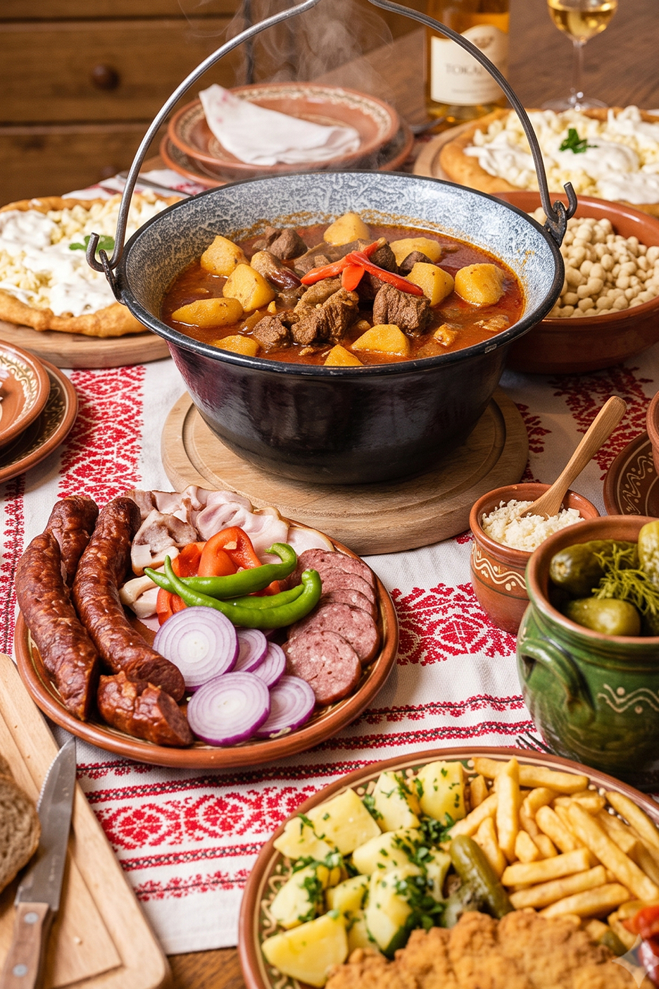 MI/AI segítségével létrehozott/módosított kép: Gulyásleves bográcsban, kolbász, szalonna, savanyúság és egyéb magyaros ételek.
