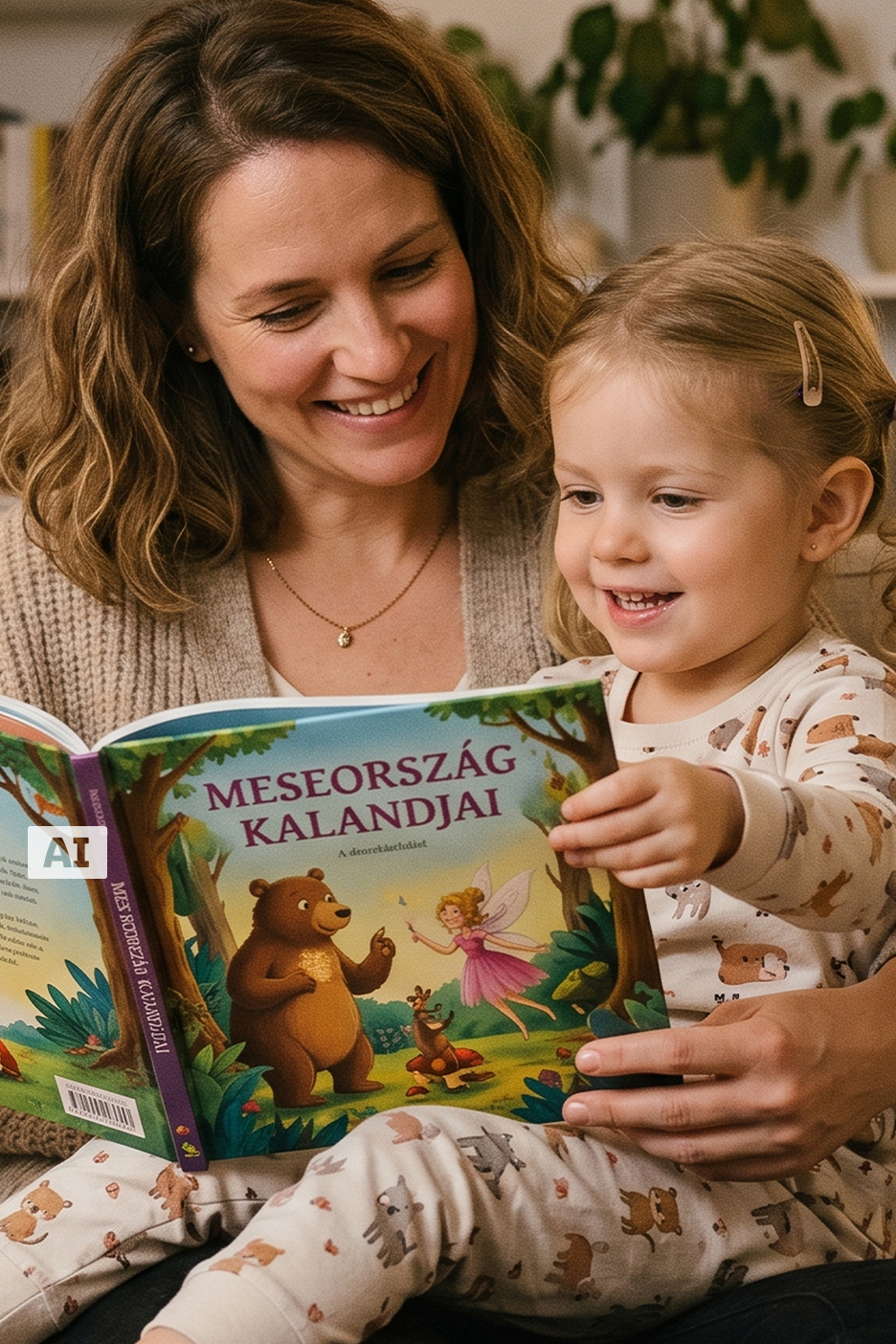 Anya és gyermeke mesekönyvet olvasnak, a könyv borítóján „Meseország kalandjai” felirat látható.