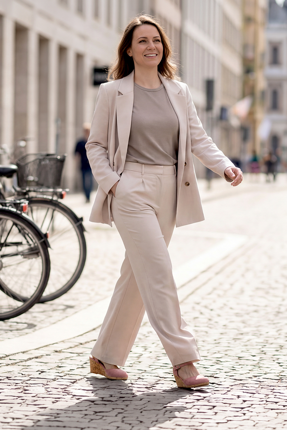 Nő bézs blézerben és nadrágban sétál az utcán, mosolyogva.