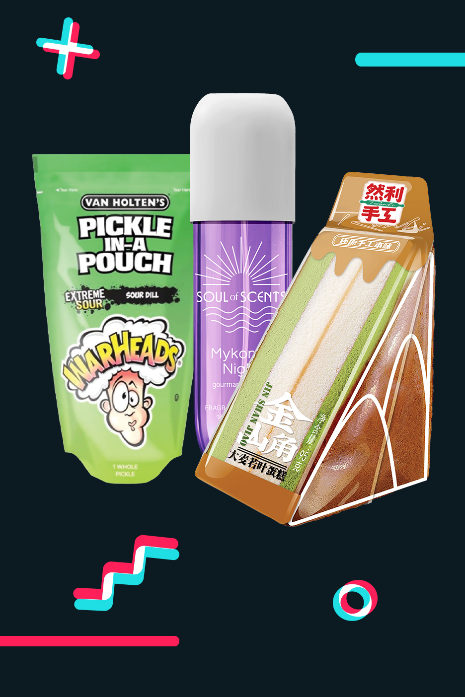 Savanyú uborka tasakban, lila illatspray és szeletelt sütemény, TikTok stílusú grafikával.