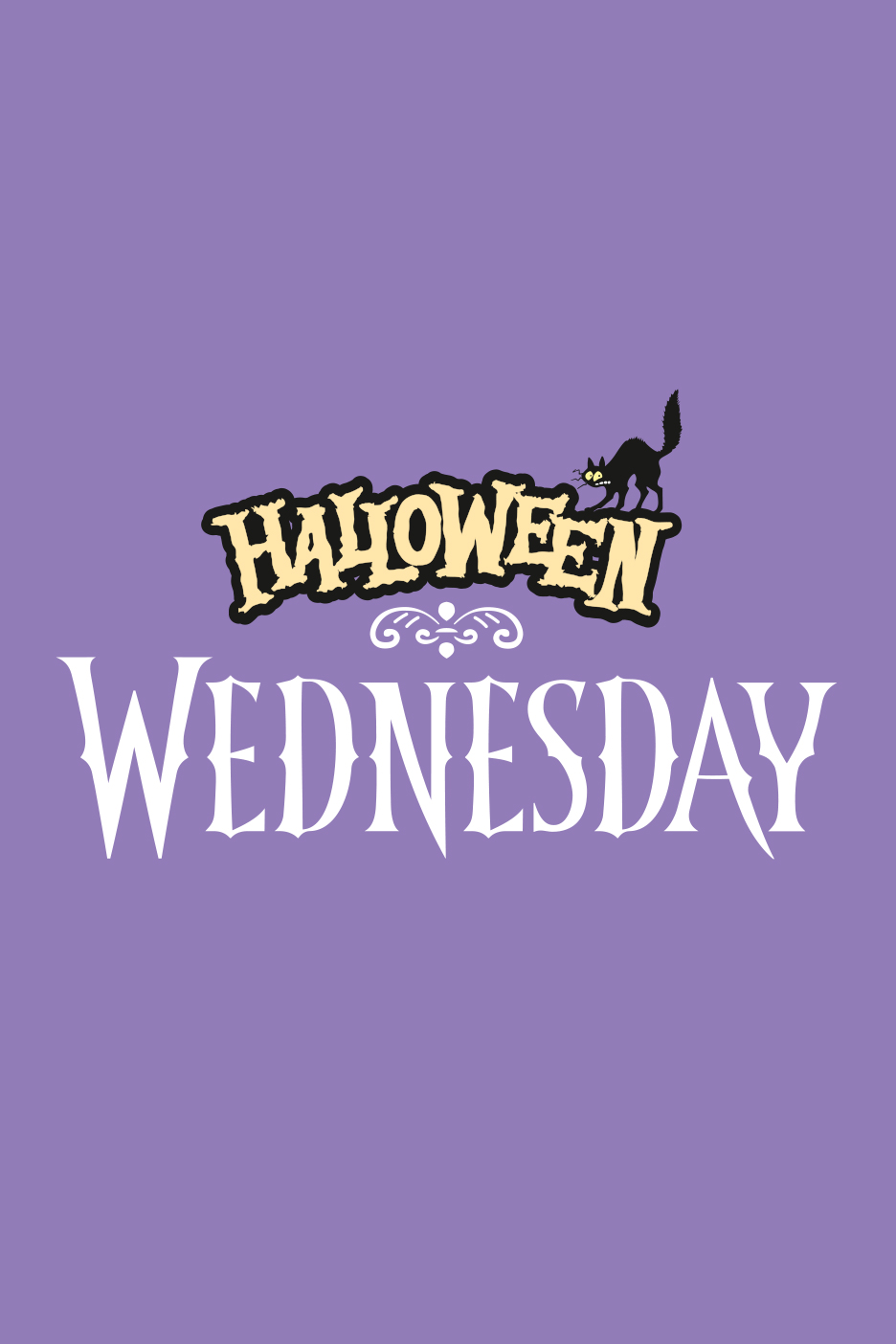 Lila háttér, rajta a 'HALLOWEEN WEDNESDAY' felirat, egy fekete macskával.