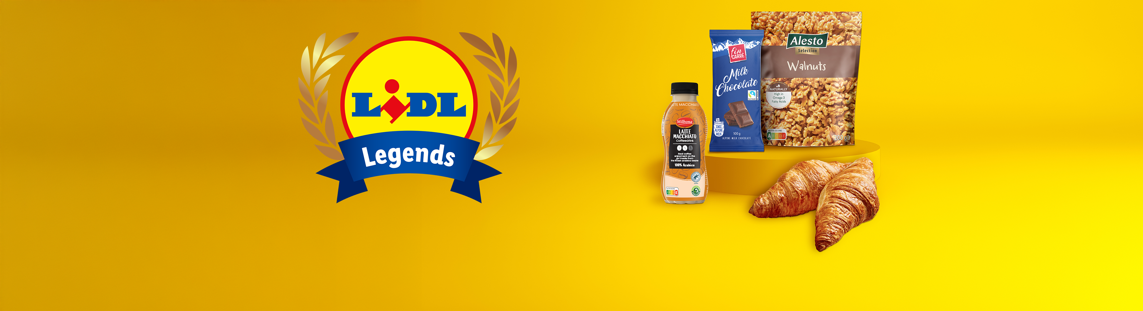 Lidl Legends logó, Milbona Latte Macchiato, Fin Carré tejcsokoládé, Alesto dió és croissant-ok.