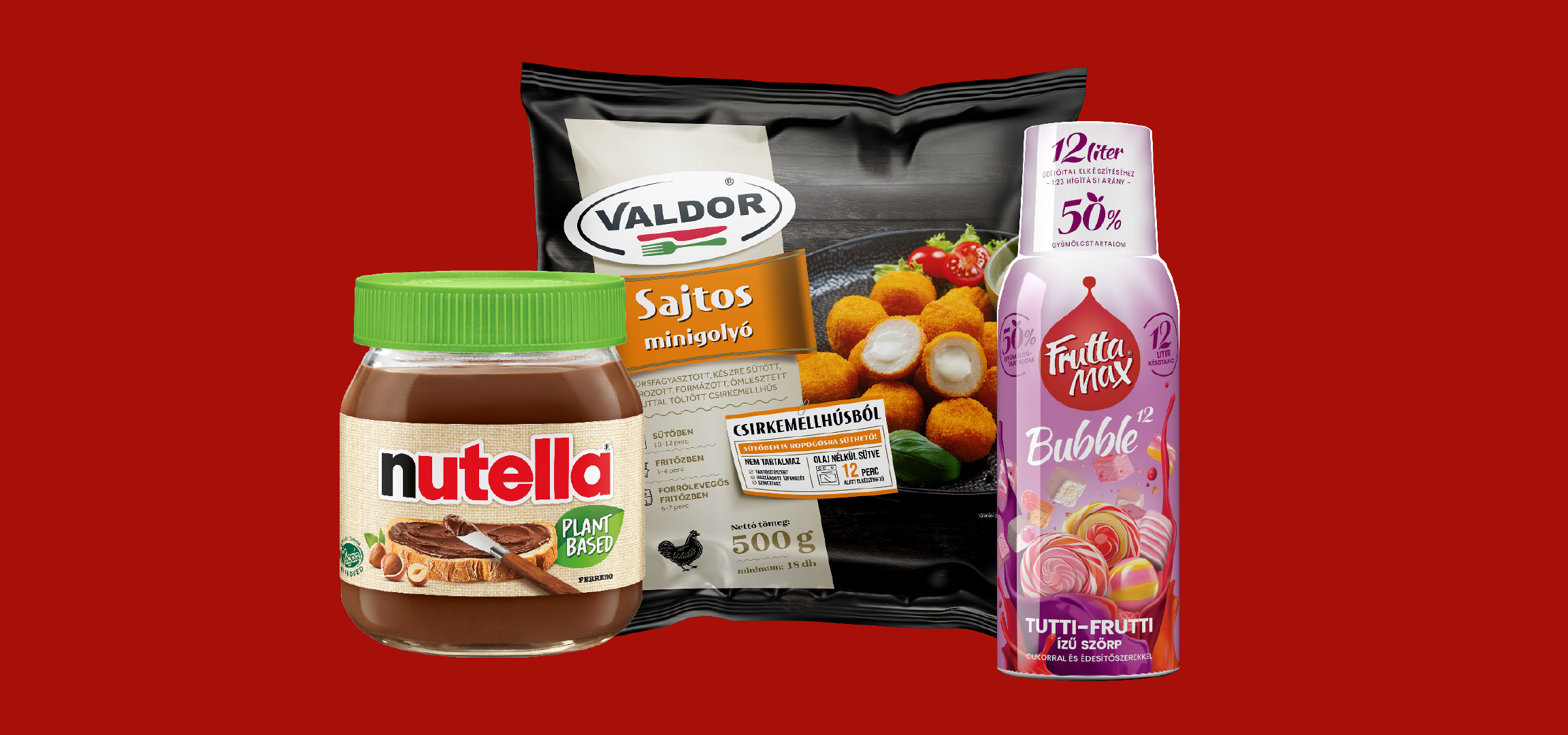 Növényi alapú mogyorókrém, sajtos minigolyók és tutti-frutti ízű szörp.