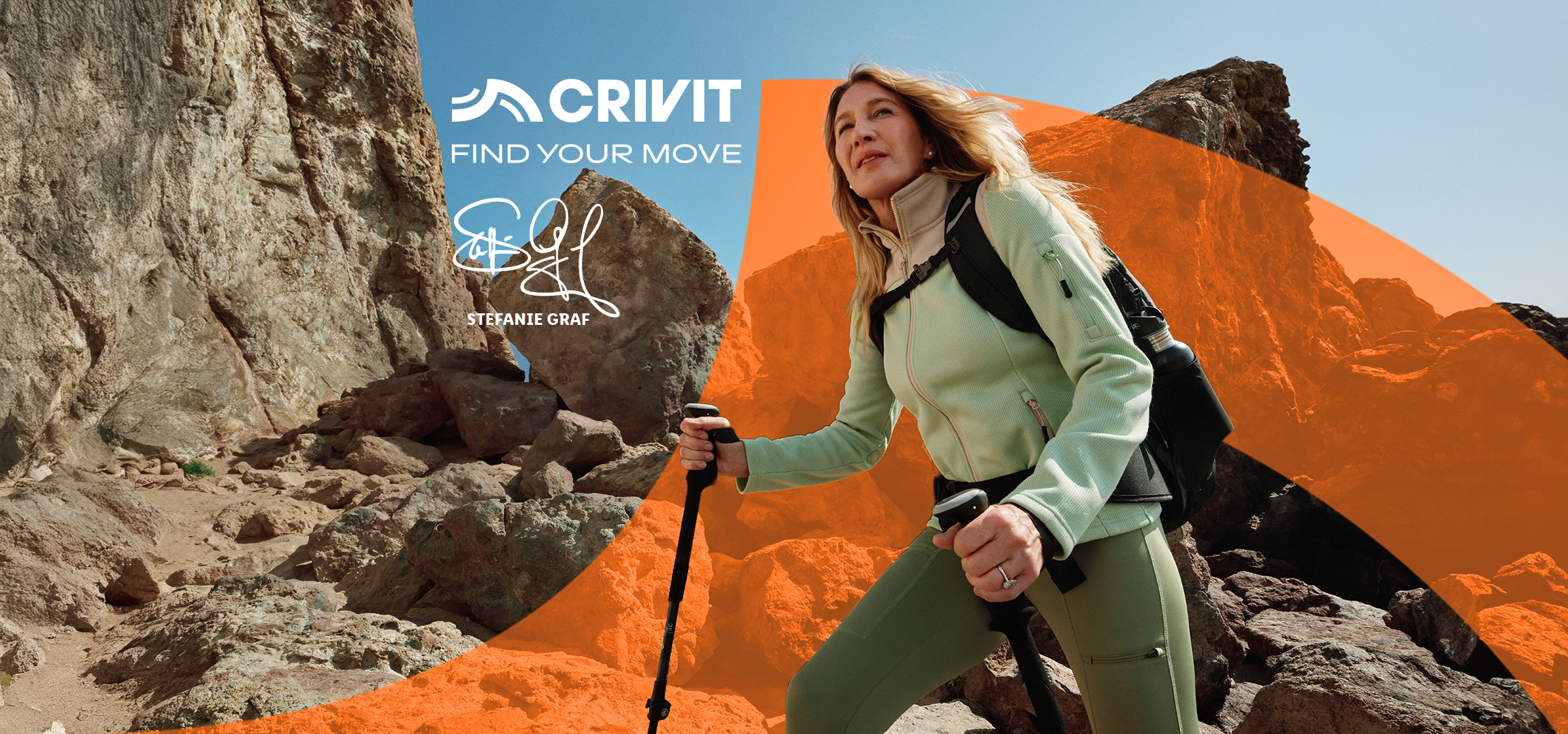 Nő túrabottal és hátizsákkal sziklás tájon, a háttérben hegyekkel. Szöveg: CRIVIT, FIND YOUR MOVE, STEFANIE GRAF.