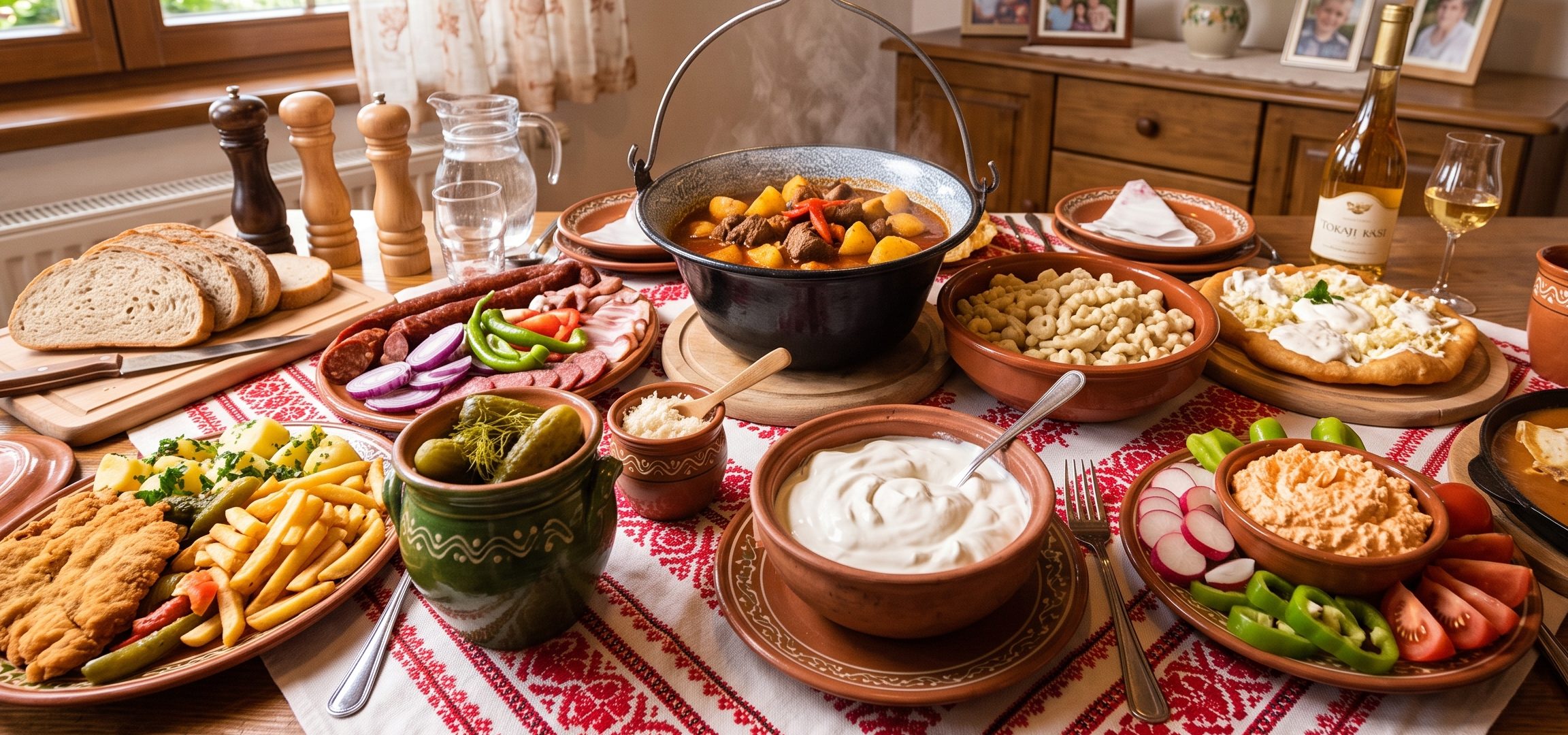 MI/AI segítségével létrehozott/módosított kép: Asztalra terített magyaros ételek: gulyás, rántott hús, kolbász, savanyúság, kenyér.