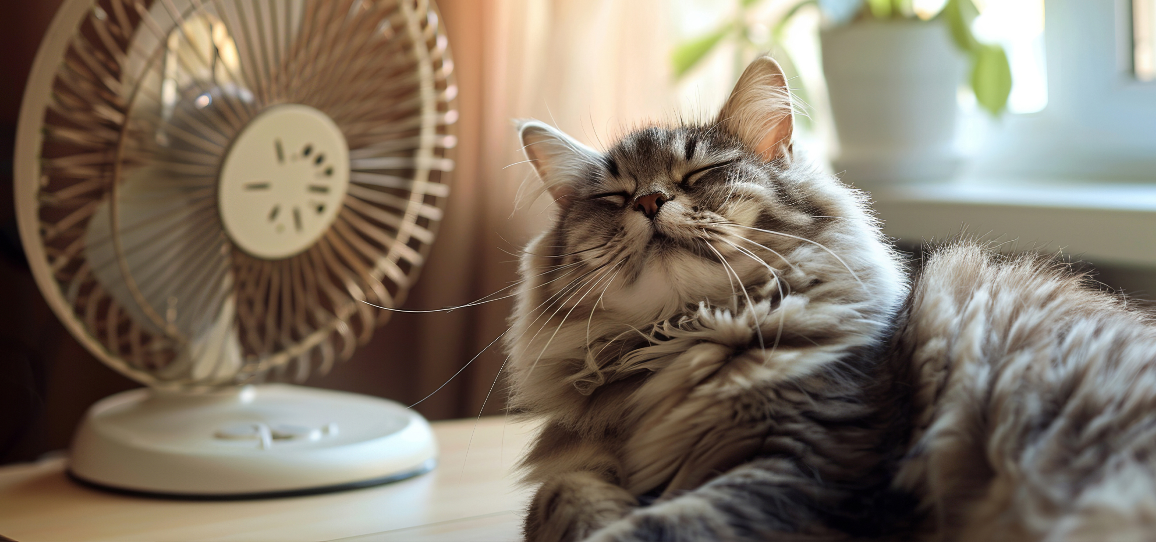 Macska pihen egy ventilátor előtt, hűsölve a melegben.