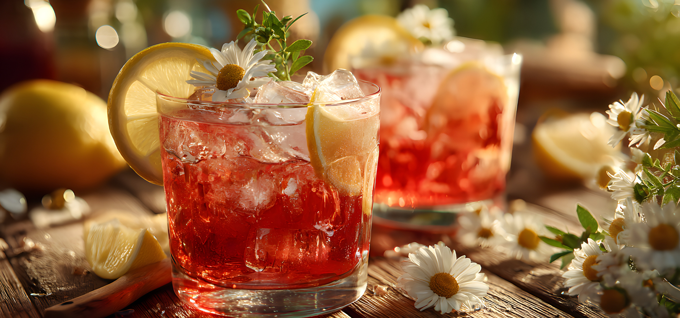 Két pohár jeges, piros koktél citrommal és kamillával egy rusztikus fa asztalon.