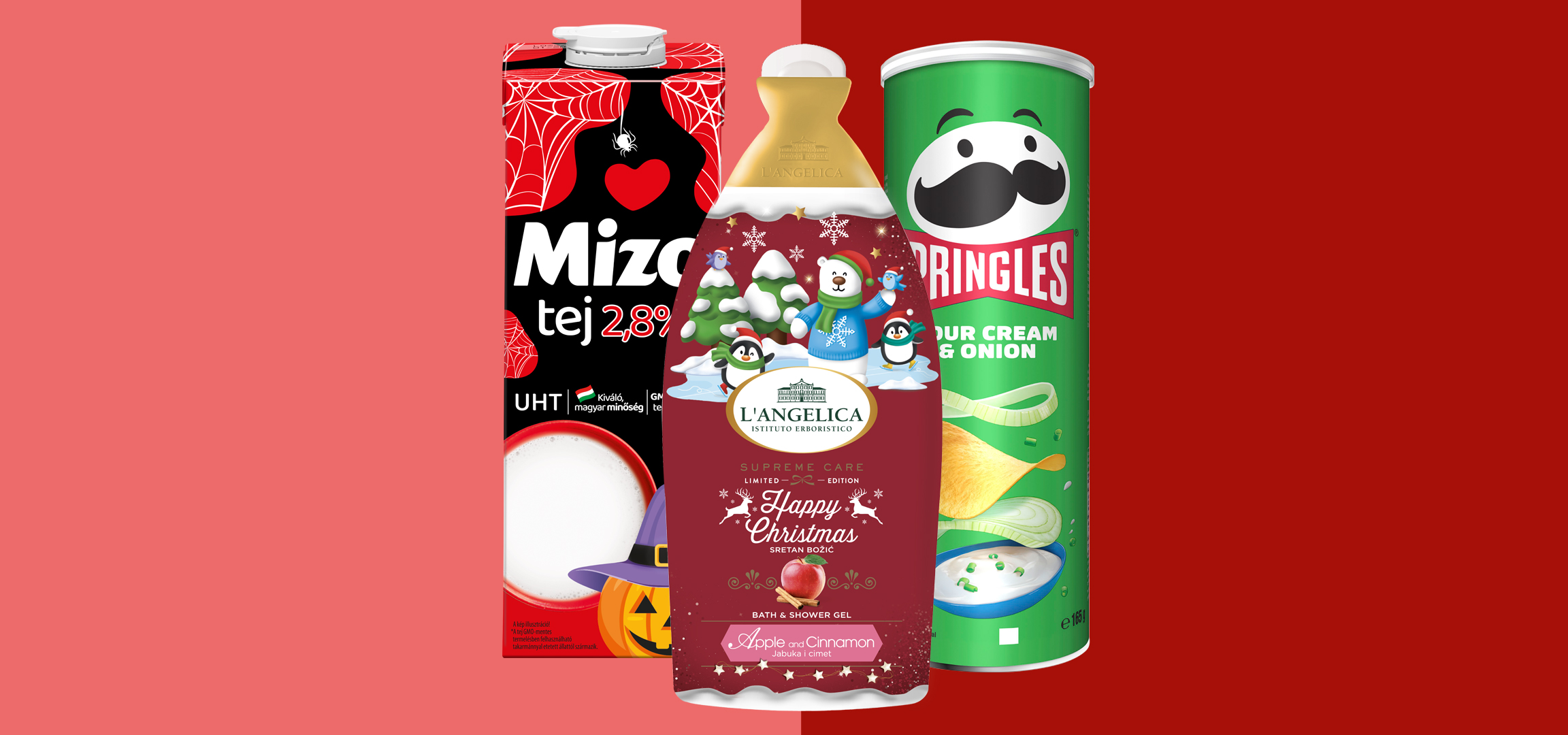 MI/AI segítségével létrehozott/módosított kép: Tej, tusfürdő és sós snack ünnepi és halloweeni dizájnnal, piros háttér előtt.