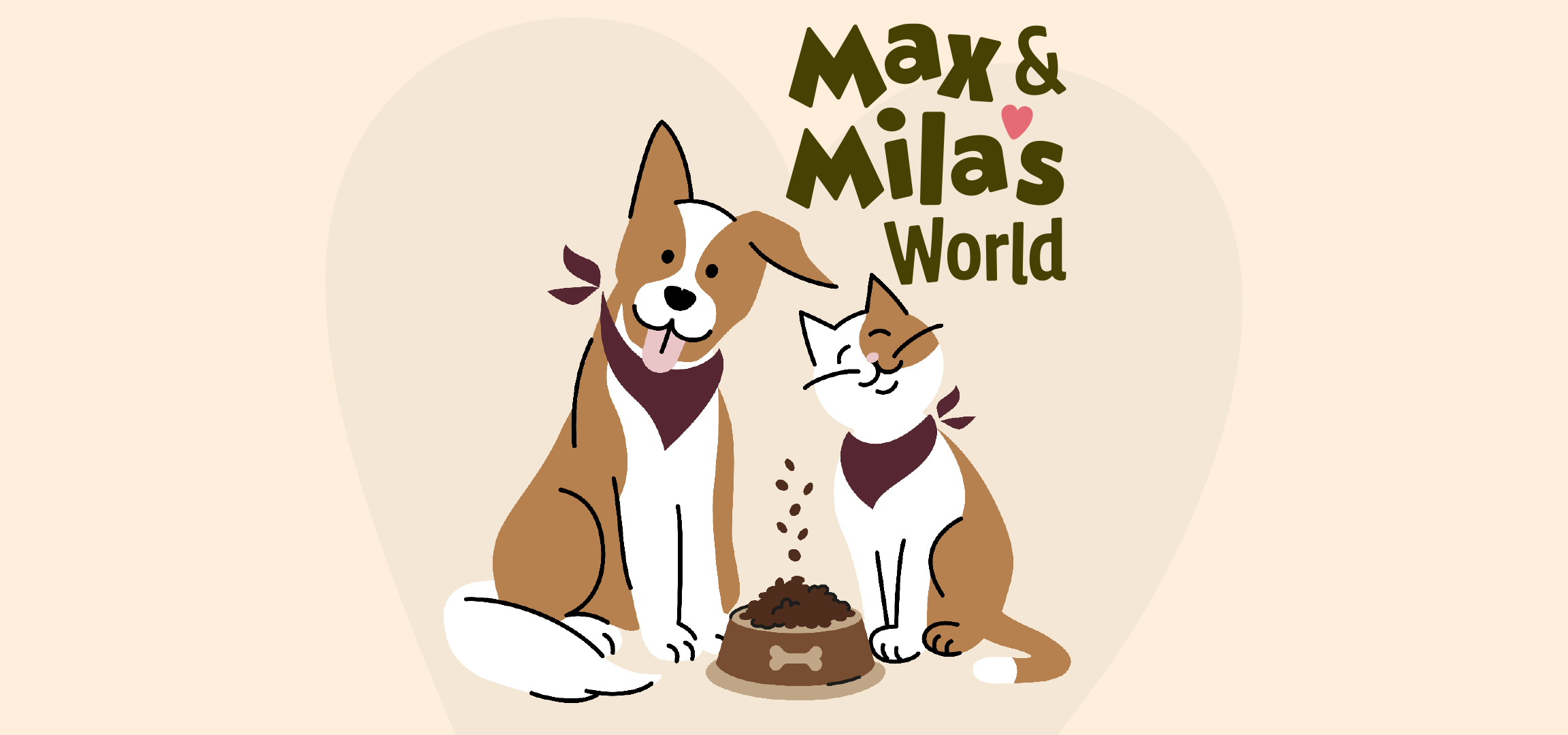 Illusztráció egy kutyáról és egy macskáról egy tál étel mellett, Max & Mila's World felirattal.