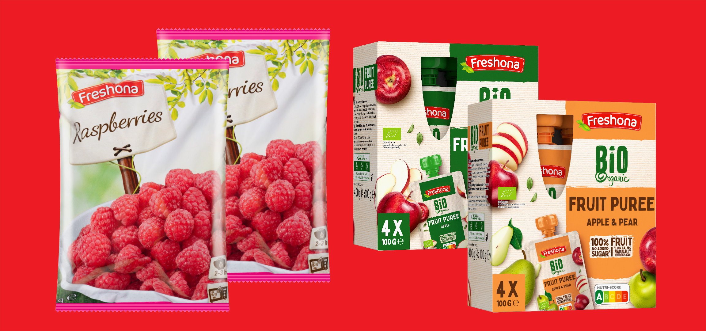 Freshona málna és gyümölcspüré almával és körtével.