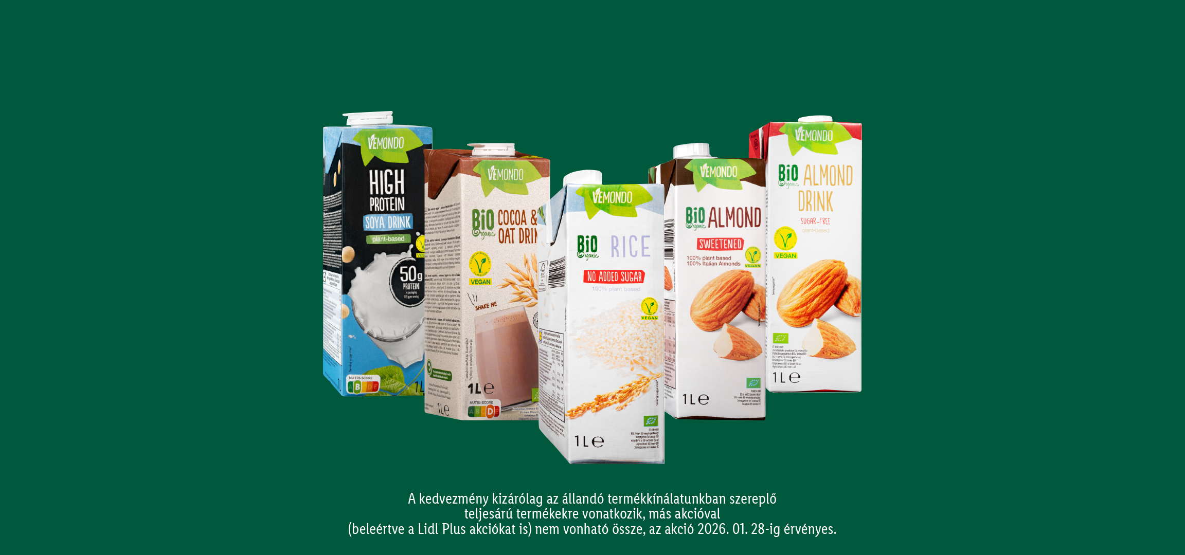 VEMONDO növényi italok: magas fehérjetartalmú szója, kakaós zab, rizs és mandulaitalok.