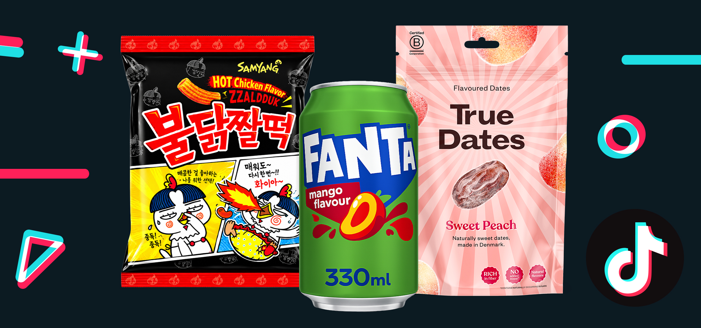 Koreai csípős csirke ízű snack, mangó ízű üdítőital és édes őszibarack ízű datolya.
