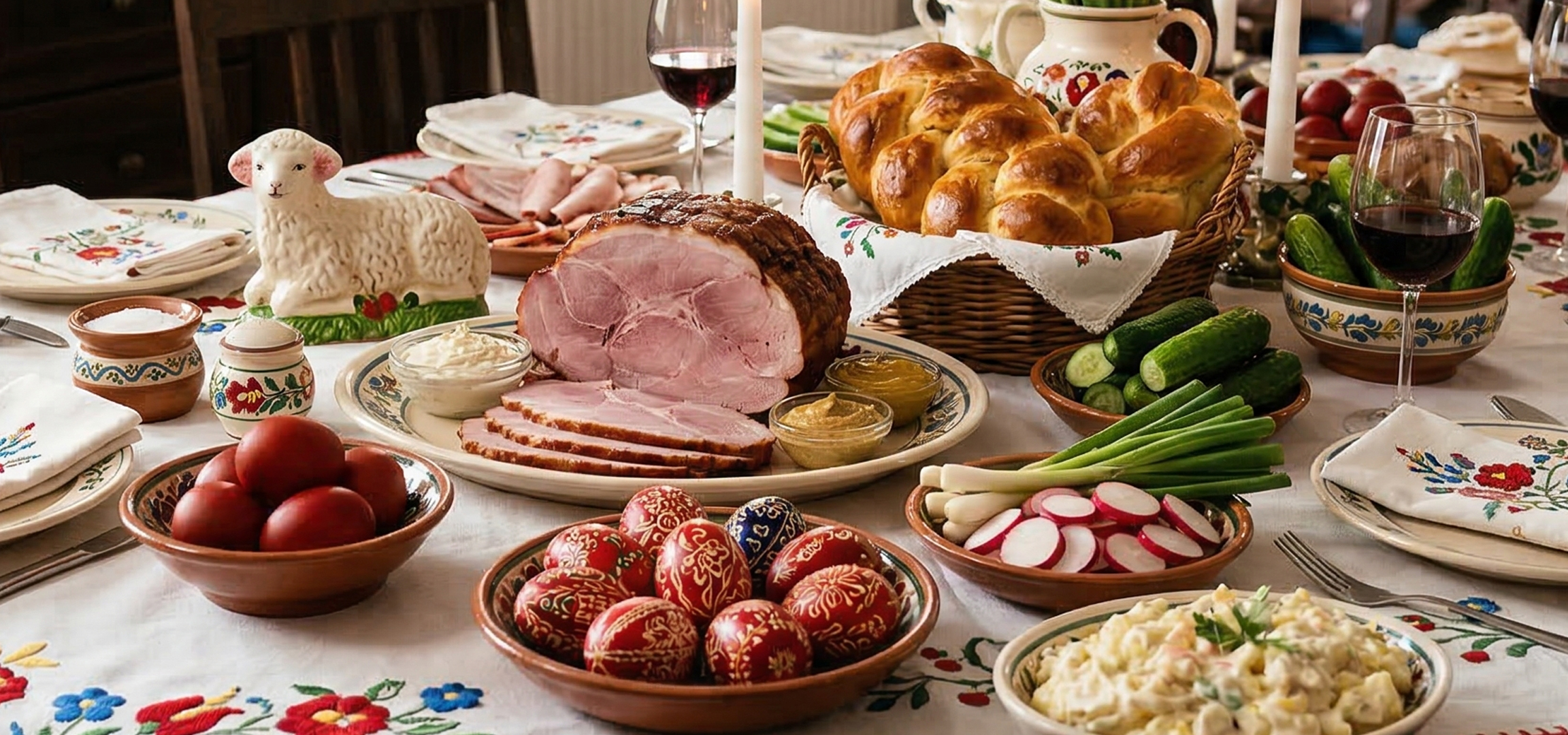 Húsvéti asztal sonkával, kaláccsal, festett tojásokkal és bárányfigurával.