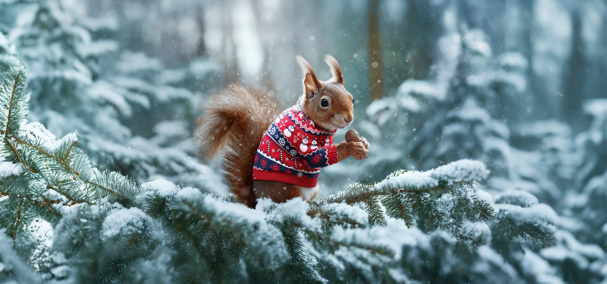 Mókus karácsonyi pulóverben, fenyőfán, hóesésben