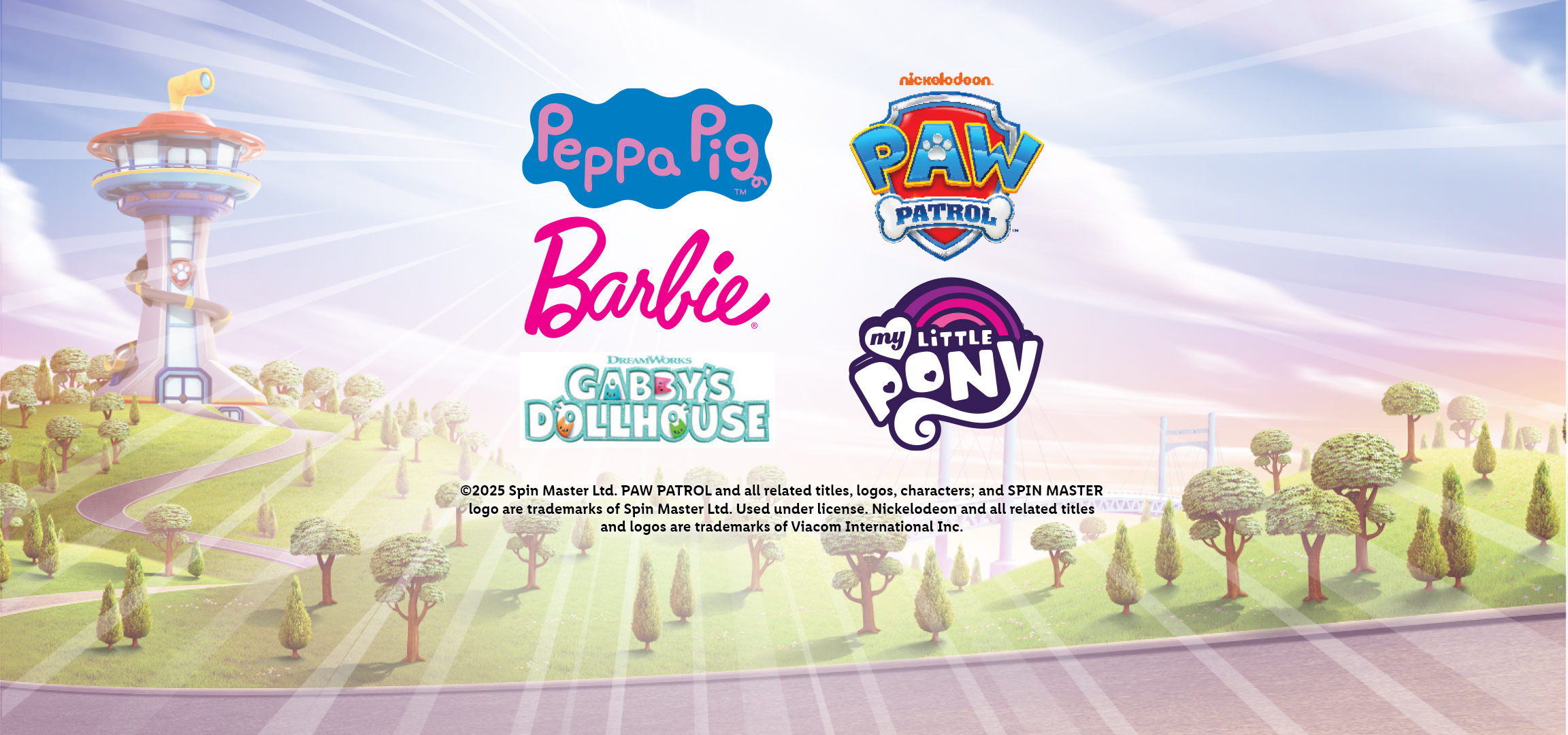 Peppa Pig, Barbie, Mancs őrjárat, Gabby's Dollhouse és My Little Pony logók egy parkos tájképen.