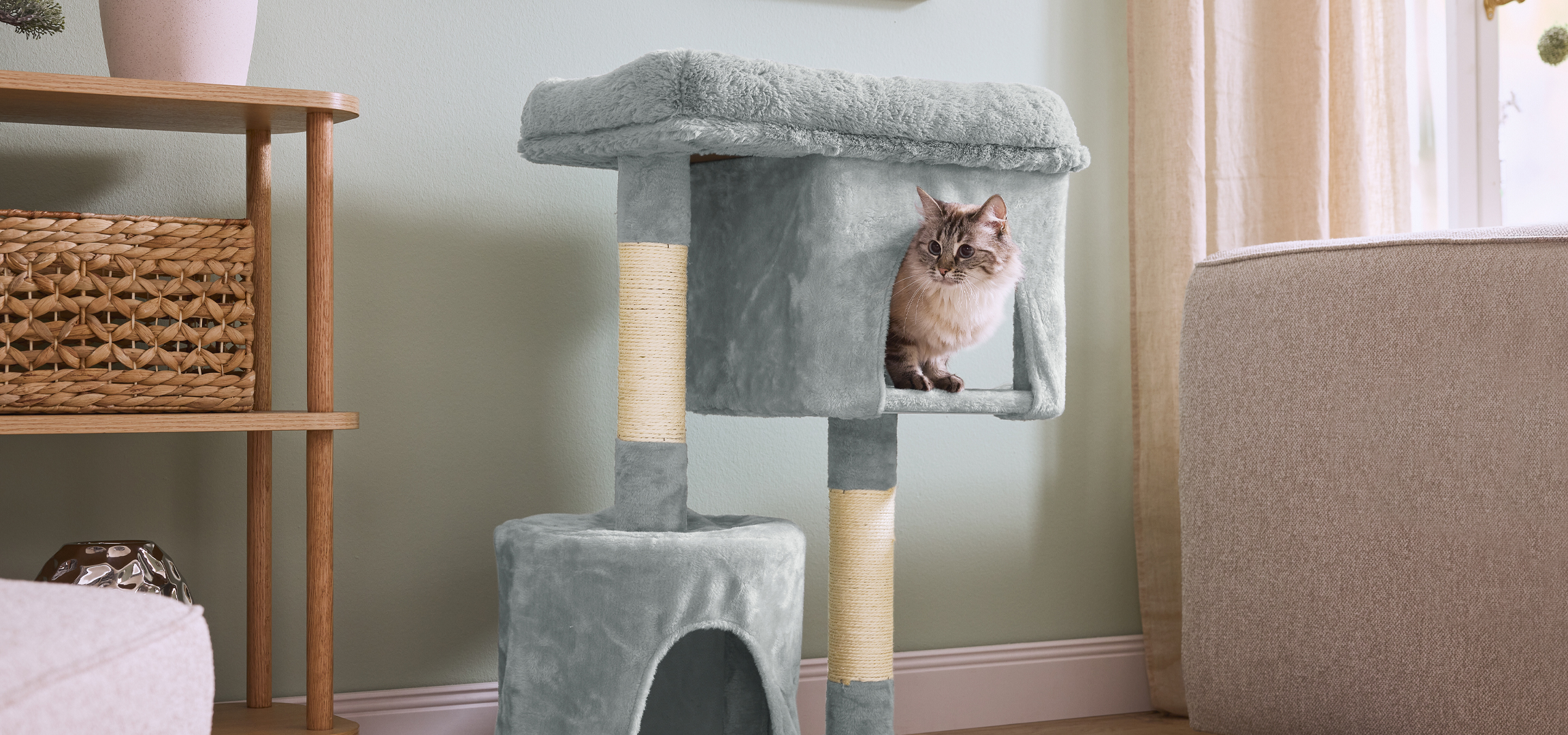 Macska a macskabútorban, mellette fa polc fonott kosárral.