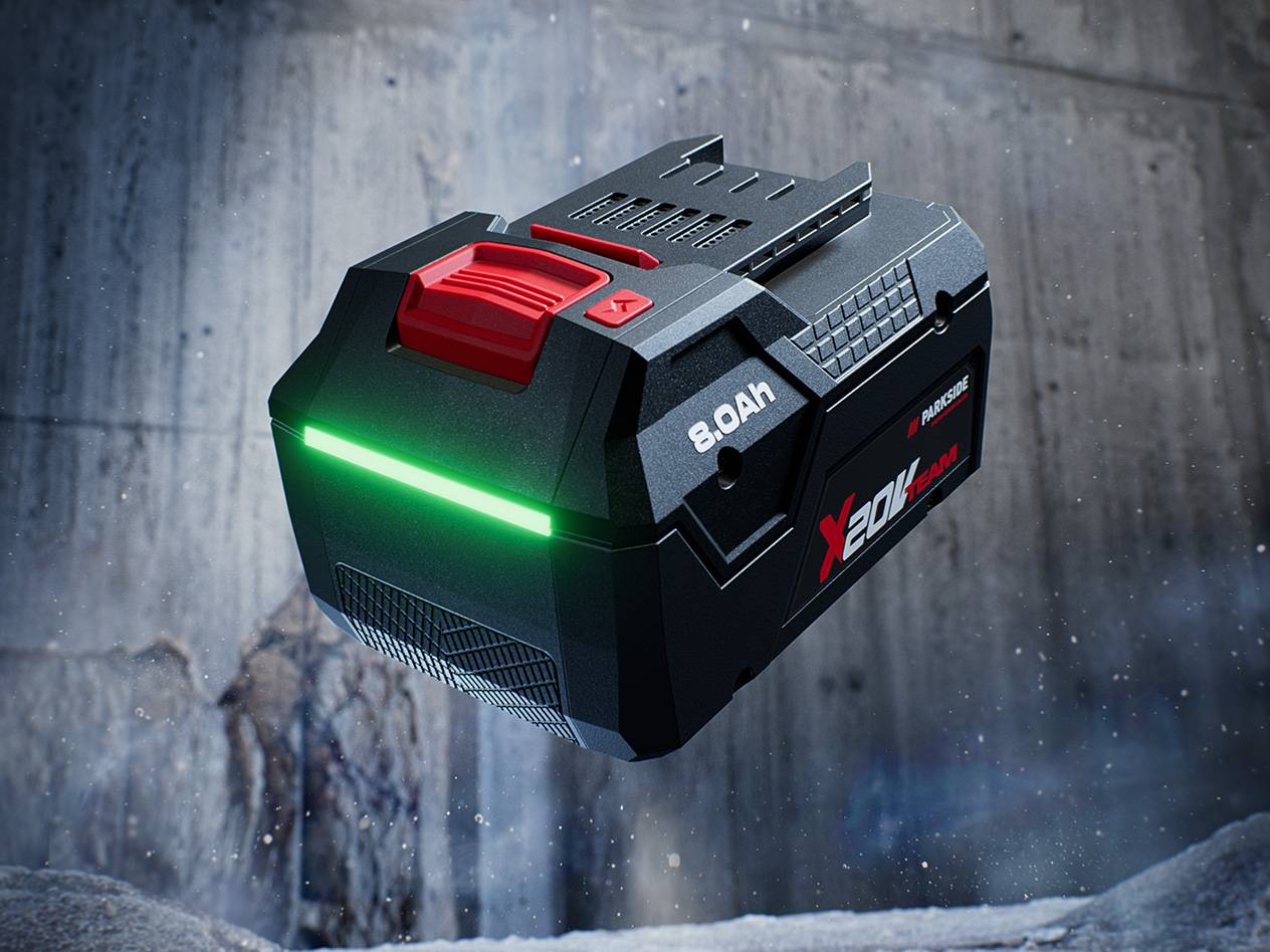 Parkside X 20V Team 8.0Ah akkumulátor élénkzöld töltésjelzővel.