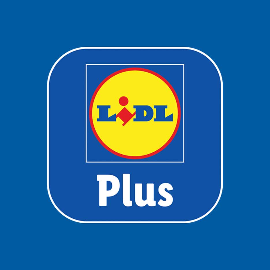 Lidl Plus alkalmazás logója kék háttéren, fehér kerettel.