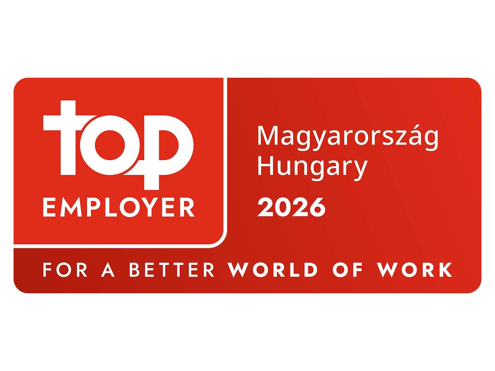 Top Employer Hungarianország 2026 logó, „A jobb munka világáért” felirattal.