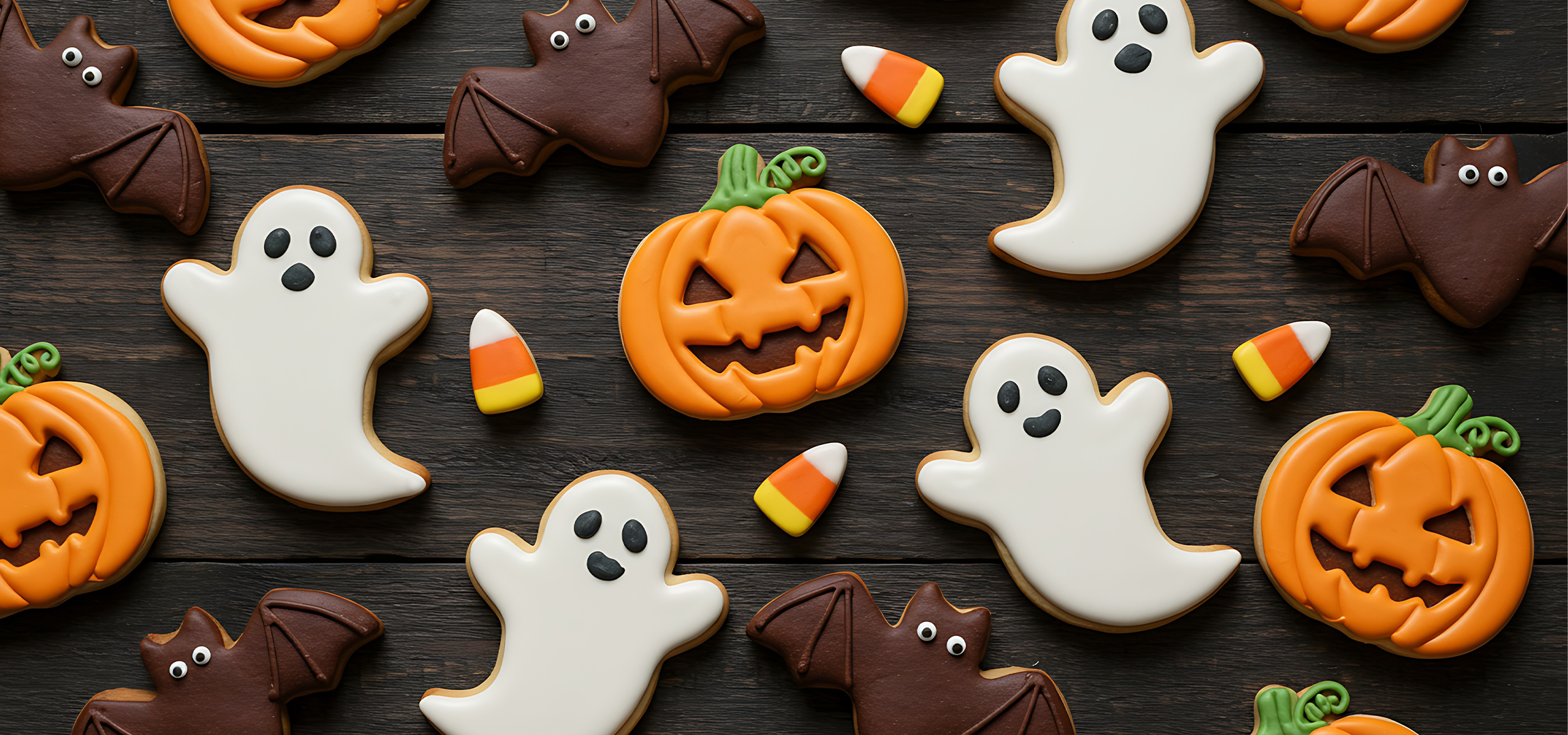 Halloween sütik, köztük tök, szellem és denevér formájúak, sötét fa alapon.