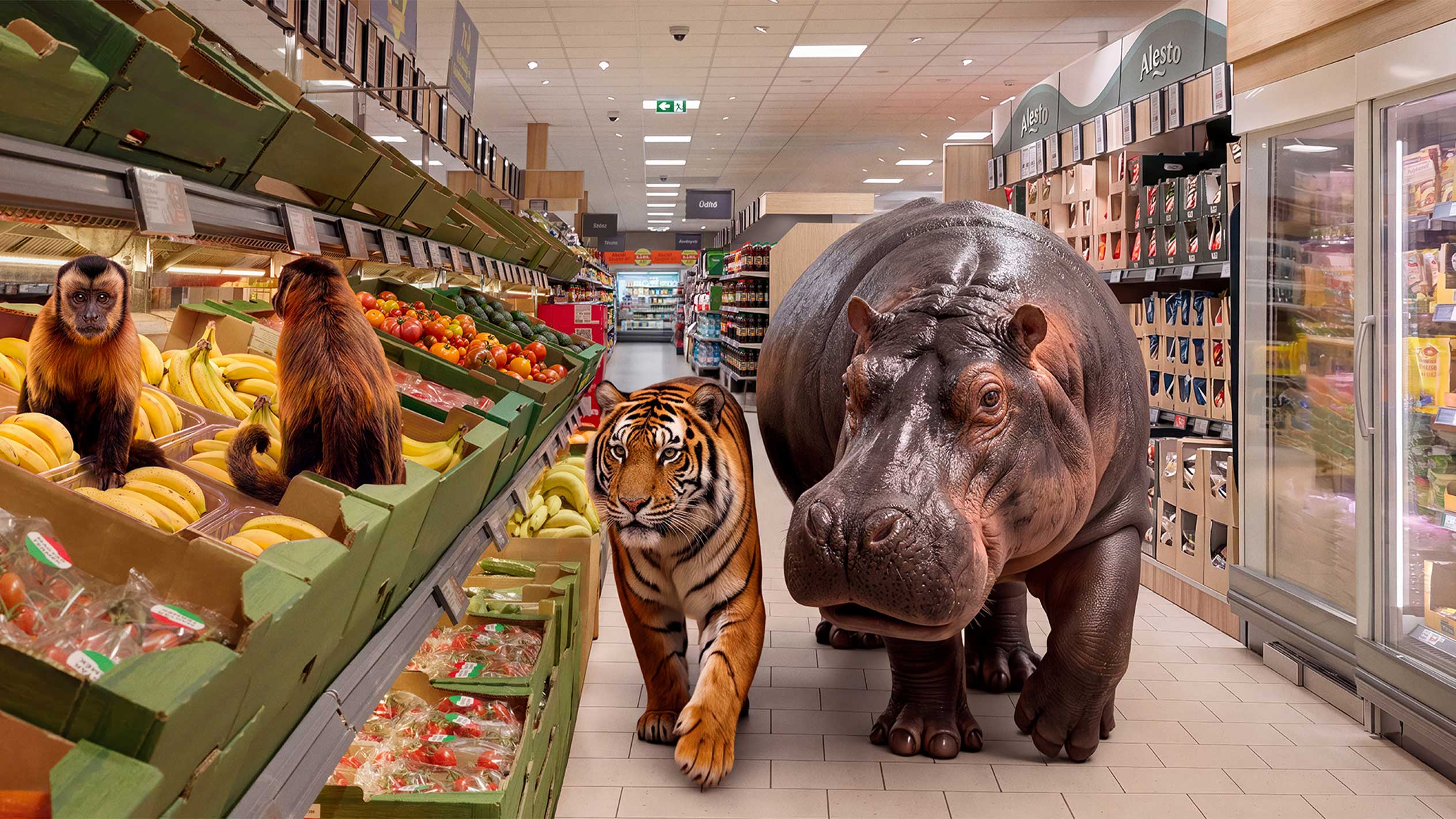 Majmok, tigris és víziló egy szupermarket zöldség-gyümölcs részlegén.