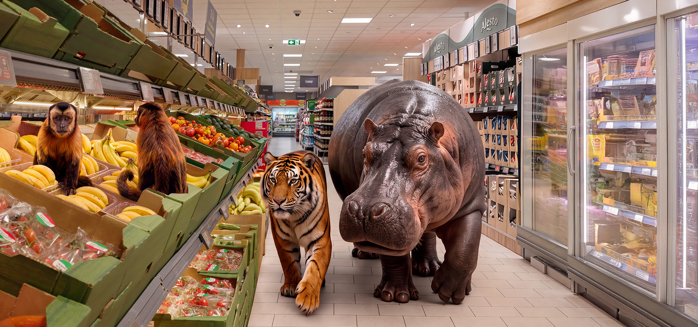 MI/AI segítségével létrehozott/módosított kép: Zöldséges pultok paradicsommal és banánnal, majmokkal, tigrissel és vízilóval egy szupermarketben.