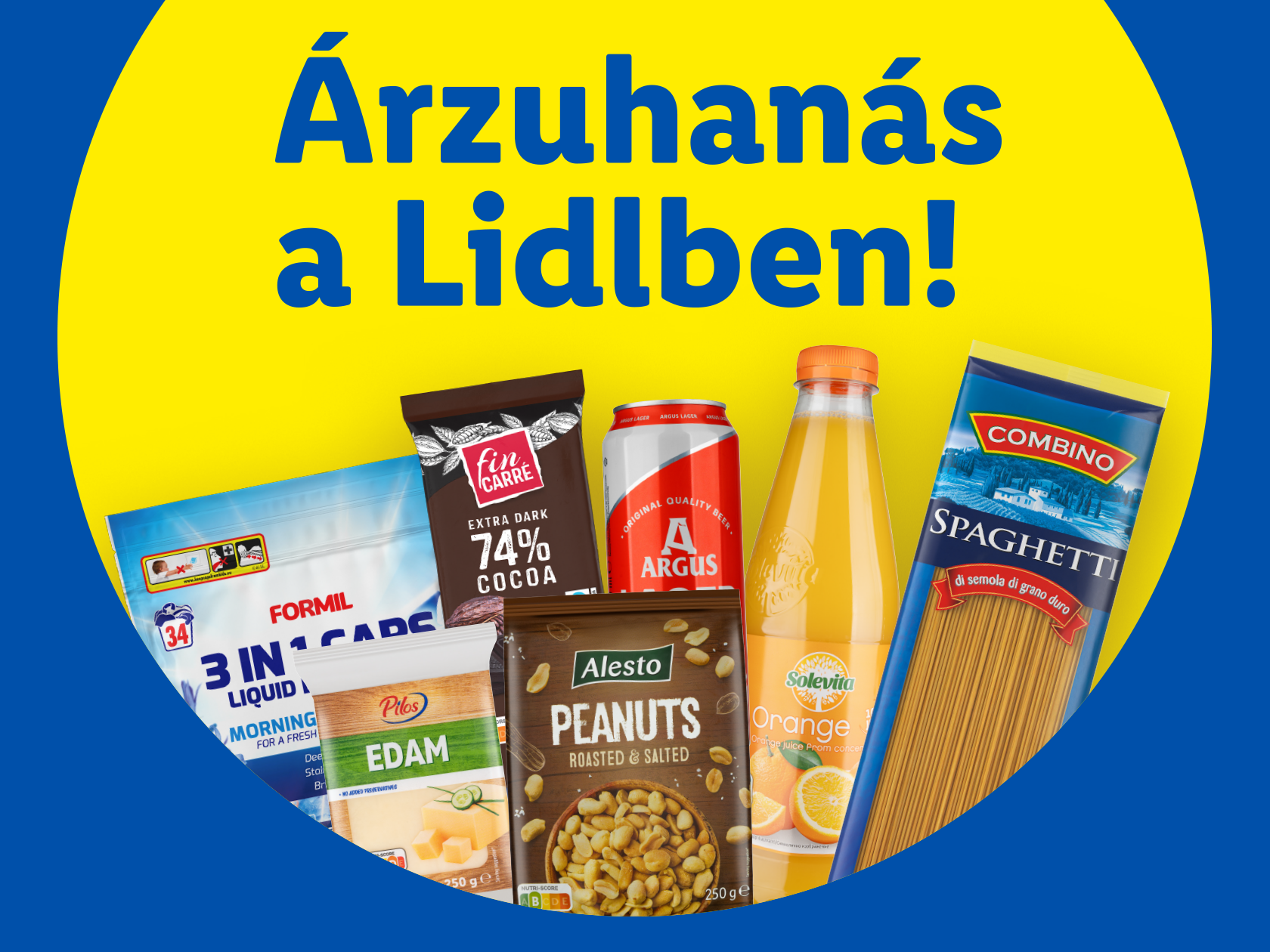 Árzuhanás a Lidlben! Különböző élelmiszerek és háztartási cikkek, például tészta, csokoládé, sör, narancslé, mogyoró, sajt és mosószer.