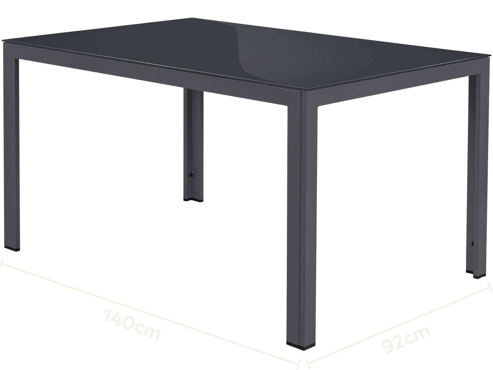 Sötétszürke téglalap alakú asztal üveglappal, 140 cm hosszú és 92 cm széles.