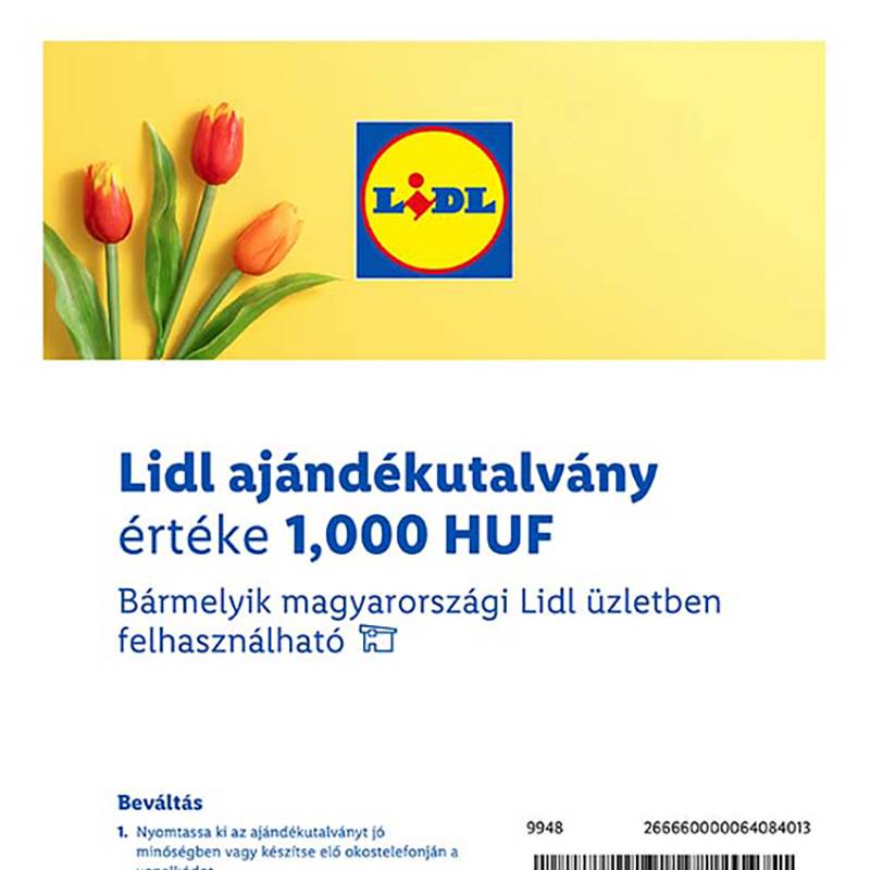 Lidl ajándékutalvány 1000 forint értékben, három tulipánnal és a logóval.
