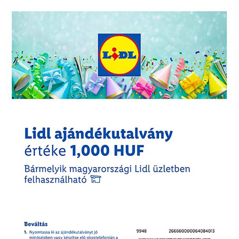 Lidl ajándékutalvány 1000 Ft értékben, konfettivel és ajándékokkal díszített háttérrel.